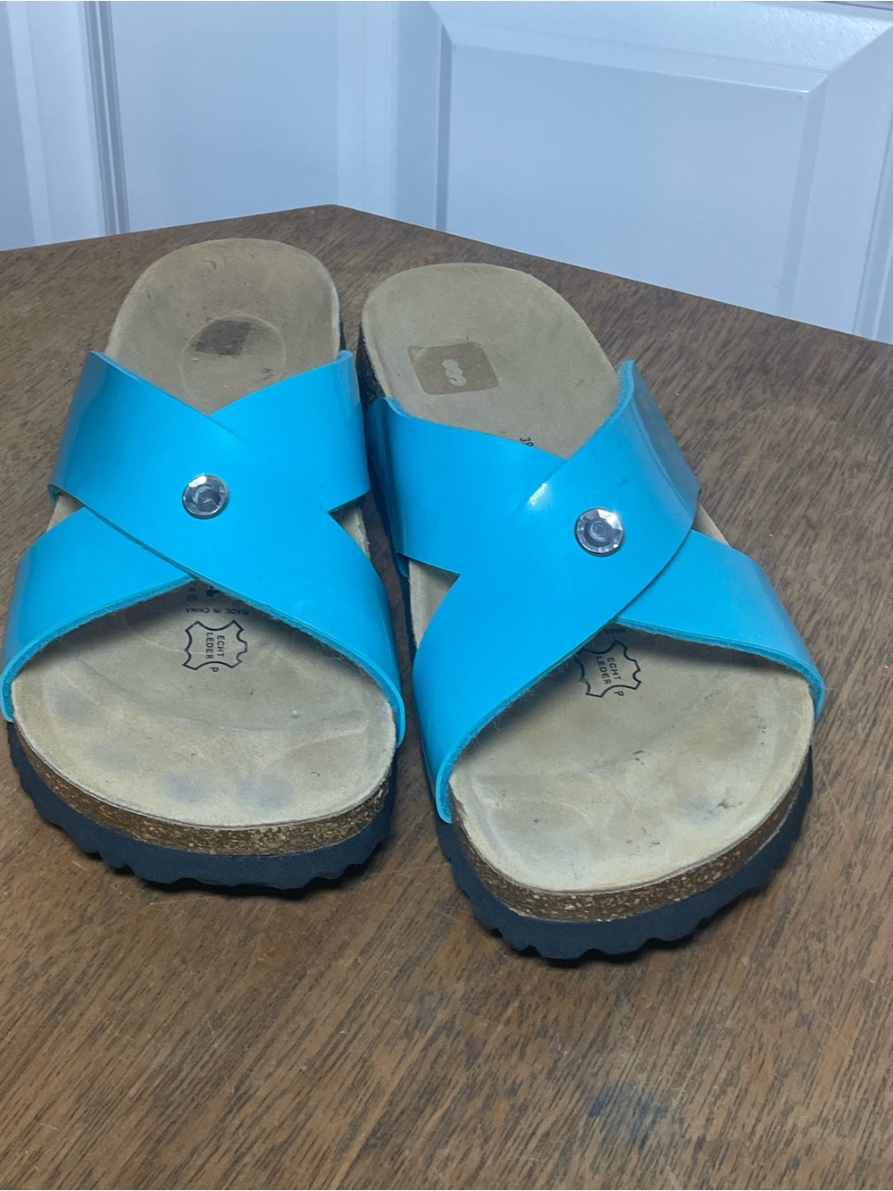 Betula by Birkenstock Blue Leather Cross Strap Slide Sandals Women’s EU 39 US 8